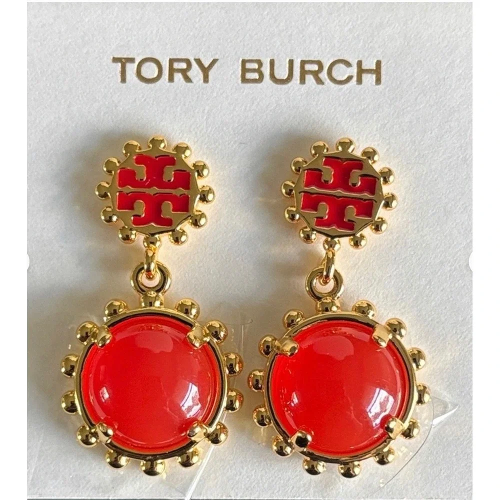 Tory Burch Miller Roxanne Drop Earrings Red Gold Logo Enamel Cabochon Dangle NWT